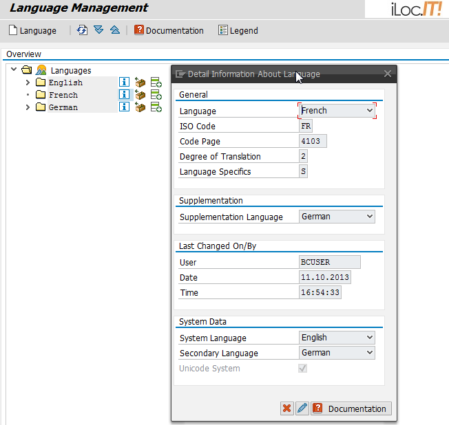 SAP Supplementation Language = DE